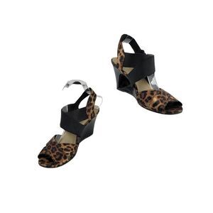 Predictions Dressy Satin Leopard‎ Criss Cross Strappy Open Toe Wedge Brown Sz 8W